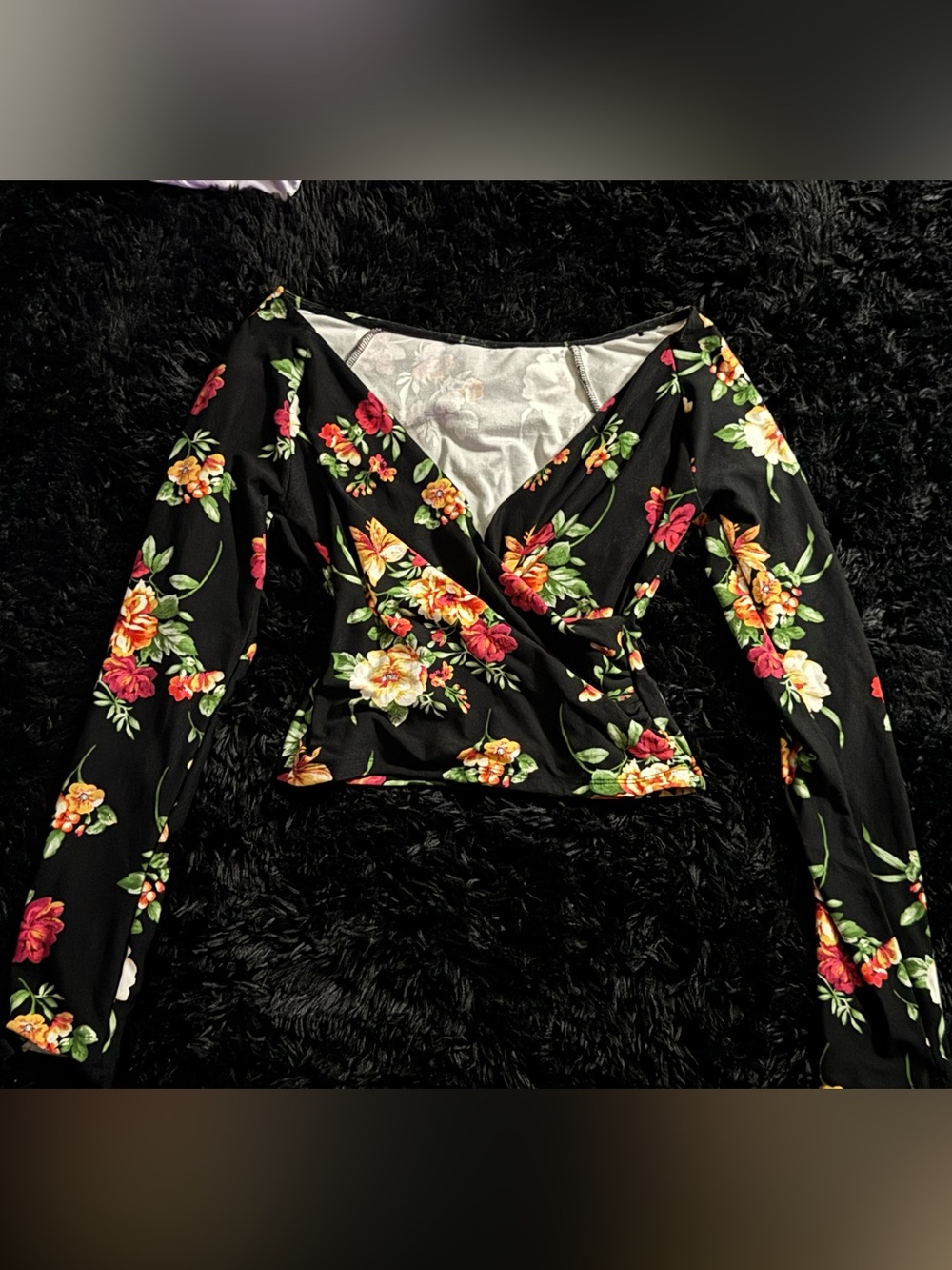 3 for $20 Black Floral Wrap V-Neck Long Sleeve Top